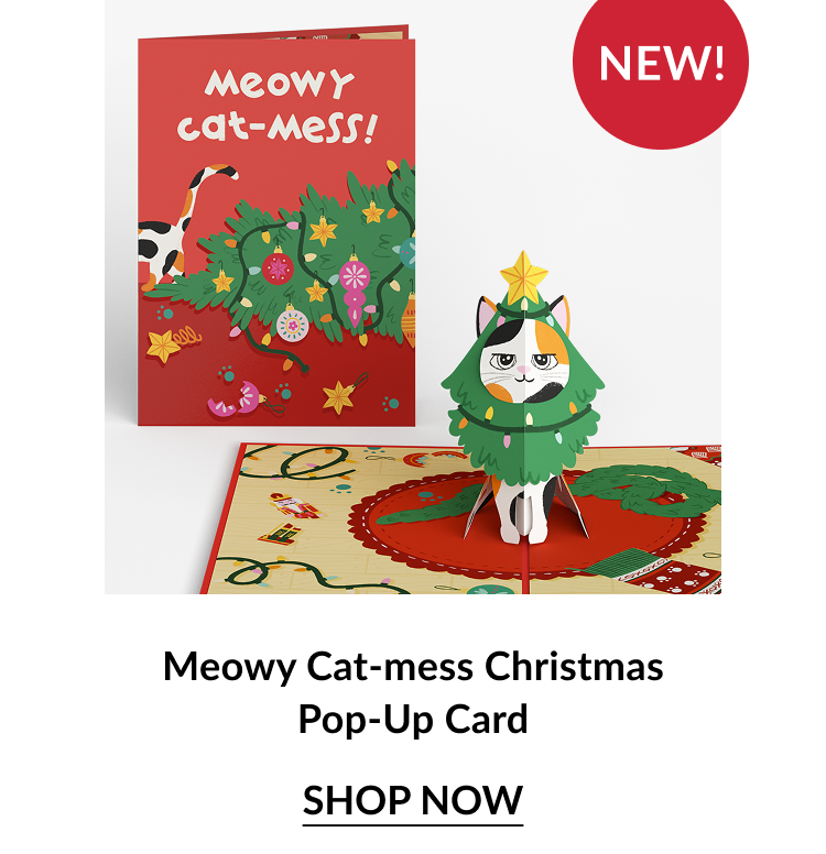 Meowy Cat-mess Christmas Pop-Up Card with cat dressed as Christmas tree and red background