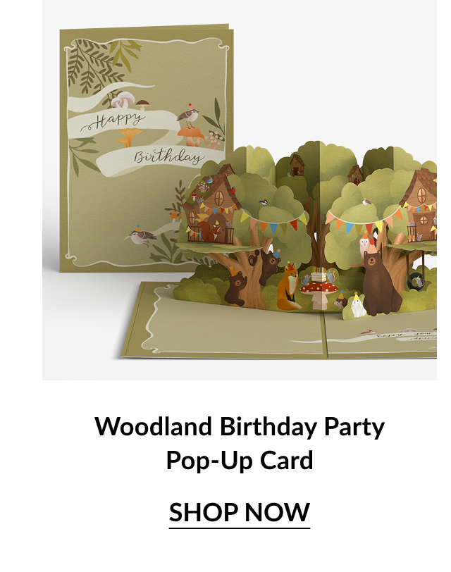 Woodland Birthday Party Pop-Up Card with forest animals and treehouse decorations