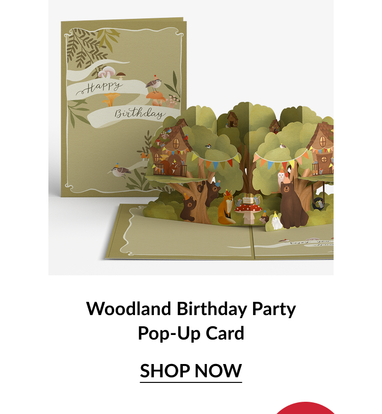 Woodland Birthday Party Pop-Up Card with forest animals and treehouse decorations