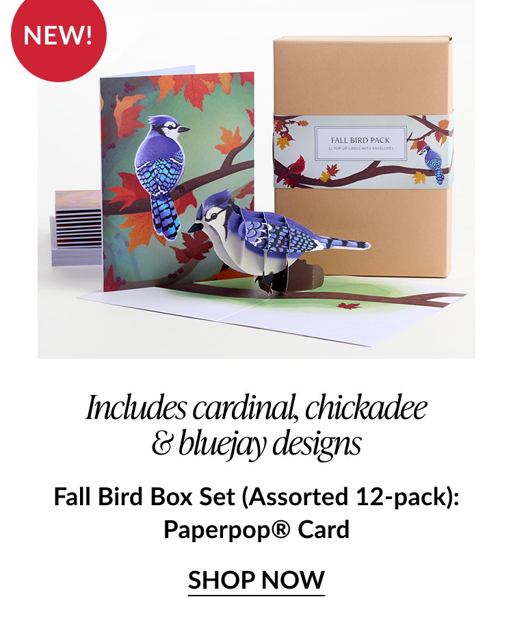Fall-themed box set image with a blue jay pop-up card, red leaves, and packaging labeled “Fall Bird Pack”; caption notes it includes cardinal, chickadee, and bluejay designs.