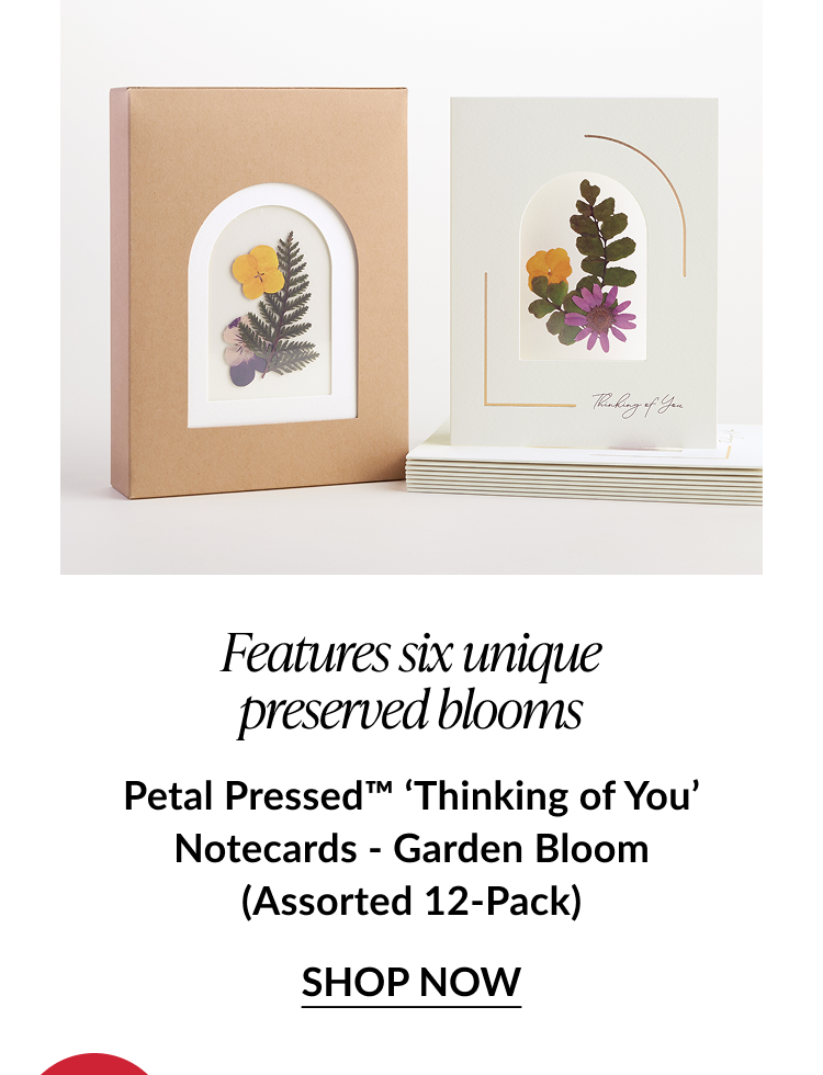 Garden Bloom notecard set with real pressed flowers framed in cream cardstock; caption highlights “six unique preserved blooms.”