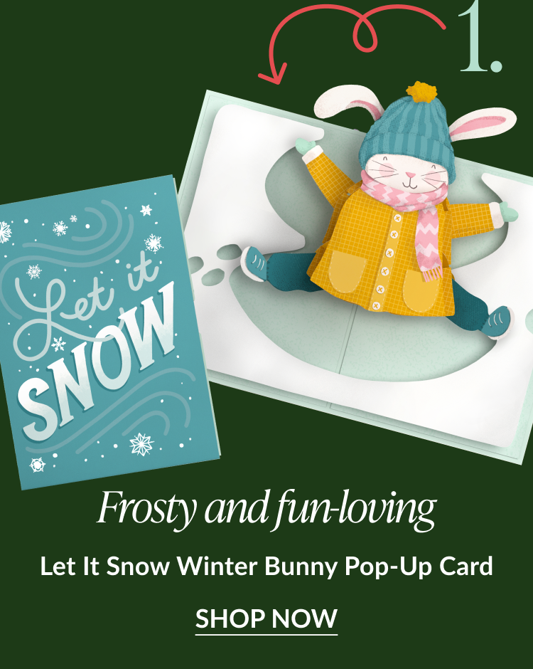 Light blue “Let it Snow” card next to an open pop-up showing a bunny in a yellow coat making a snow angel; caption “Frosty and fun-loving.”