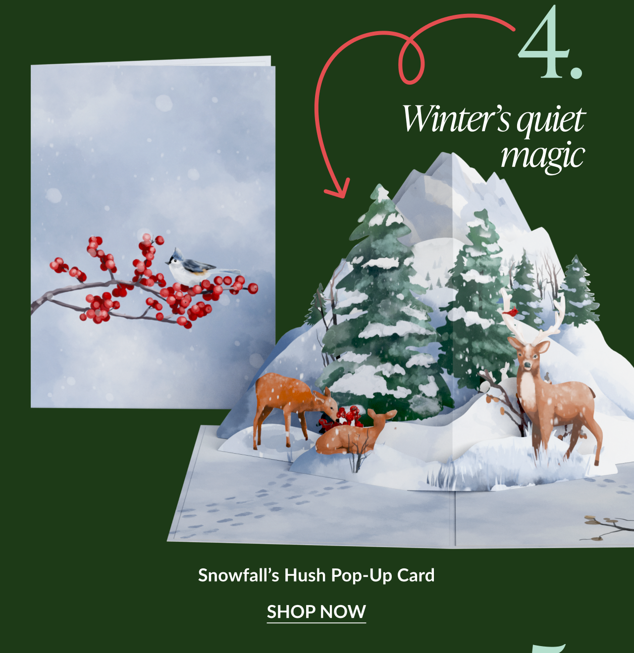 Card with snowy forest and red berries on the cover; inside pop-up shows deer among snow-covered trees; caption “Winter’s quiet magic.”