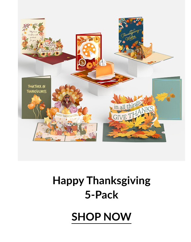 Display of five colorful Thanksgiving pop-up cards with turkeys, leaves, and fall motifs; caption “Happy Thanksgiving 5-Pack.”