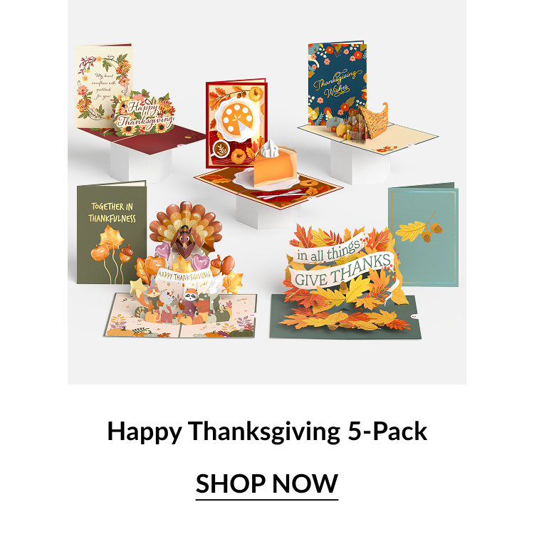 Display of five colorful Thanksgiving pop-up cards with turkeys, leaves, and fall motifs; caption “Happy Thanksgiving 5-Pack.”