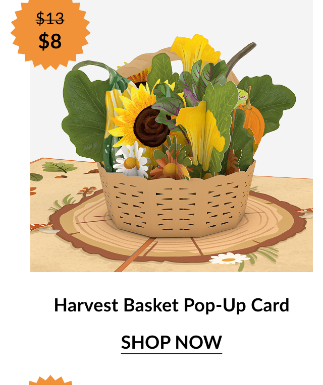 Harvest Basket Pop-Up Card featuring sunflowers, daisies, squash blossoms, and green leaves arranged in a woven basket. Orange sale badge shows “$13 → $8.”