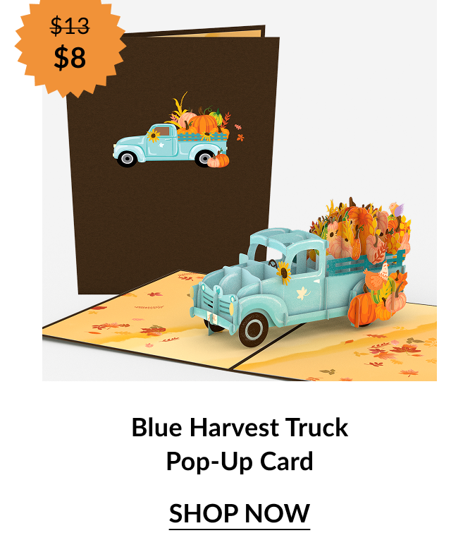 Blue Harvest Truck Pop-Up Card with a light blue vintage truck carrying pumpkins and sunflowers. Orange sale badge shows “$13 → $8.”