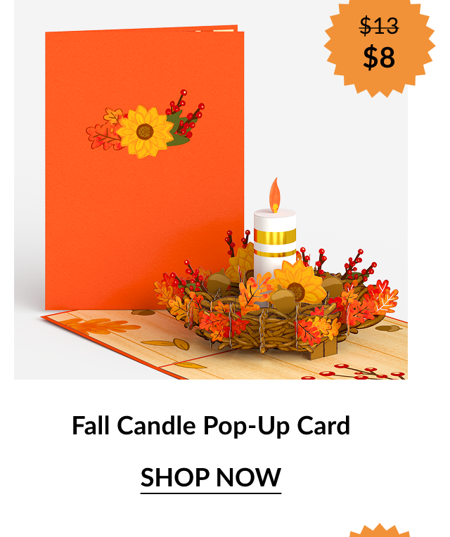Fall Candle Pop-Up Card showing a lit white candle surrounded by orange and yellow flowers and autumn leaves. Orange sale badge shows “$13 → $8.”