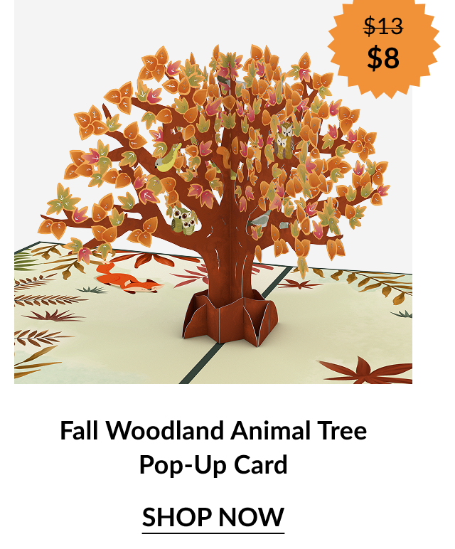 Fall Woodland Animal Tree Pop-Up Card showing a tree with orange and yellow leaves, owls, and woodland creatures. Orange sale badge shows “$13 → $8.”