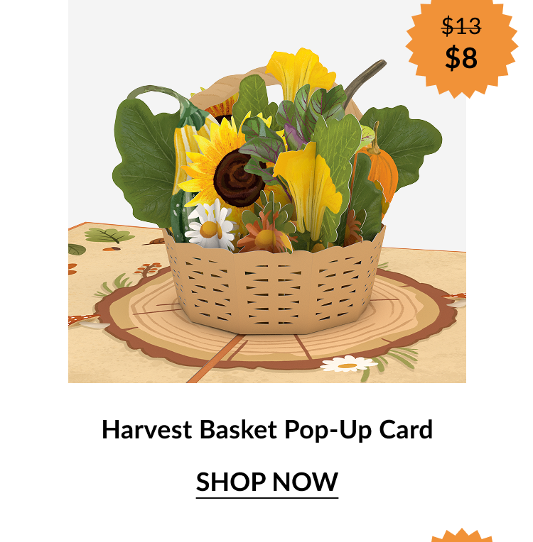 Harvest Basket Pop-Up Card featuring sunflowers, daisies, squash blossoms, and green leaves arranged in a woven basket. Orange sale badge shows “$13 → $8.”