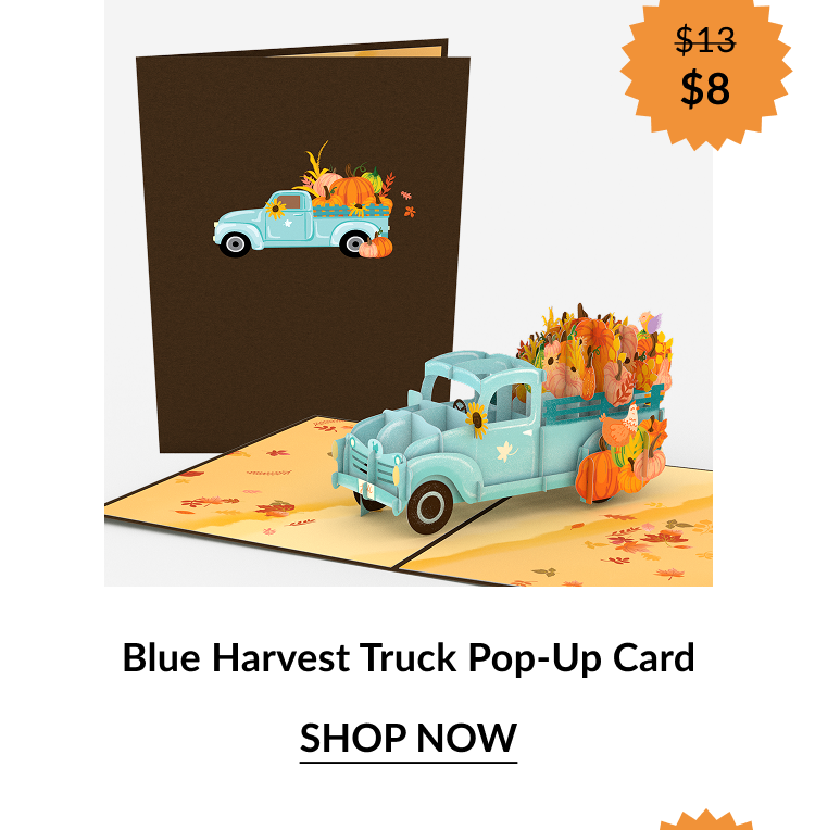 Blue Harvest Truck Pop-Up Card with a light blue vintage truck carrying pumpkins and sunflowers. Orange sale badge shows “$13 → $8.”