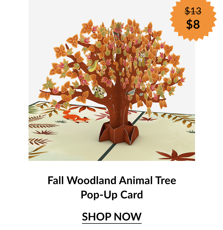 Fall Woodland Animal Tree Pop-Up Card showing a tree with orange and yellow leaves, owls, and woodland creatures. Orange sale badge shows “$13 → $8.”