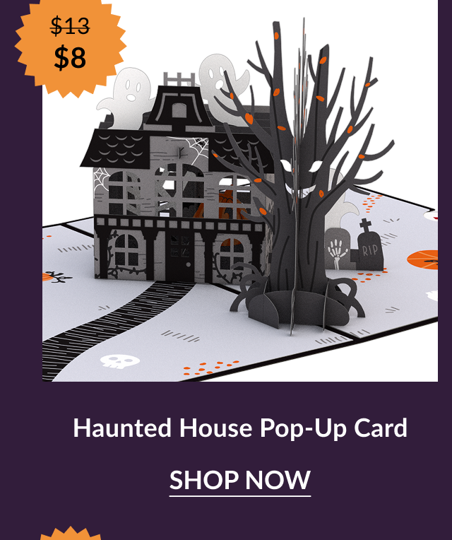 Haunted House Pop-Up Card with ghosts, a spooky black tree, gravestones, and a haunted house. Orange sale badge shows “$13 → $8.”
