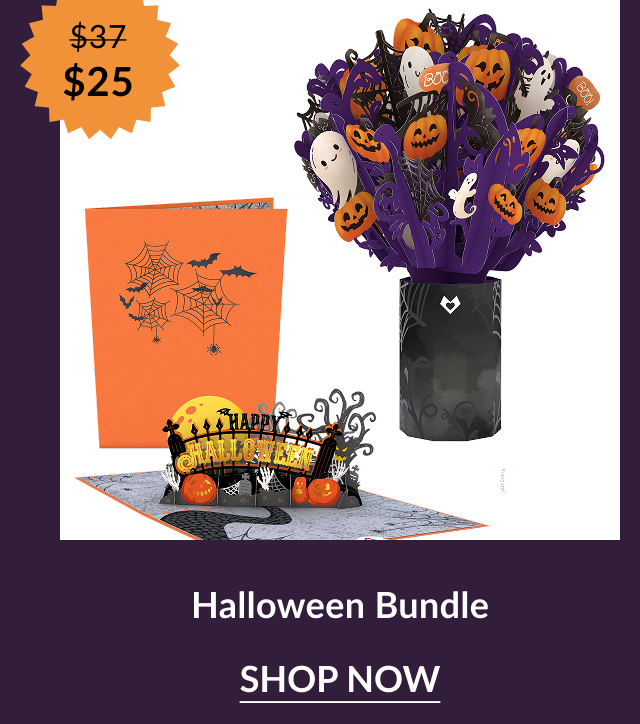 Halloween Bundle featuring two designs: a black and purple bouquet with ghosts, pumpkins, and “Boo!” accents, and an orange pop-up card with a “Happy Halloween” graveyard scene. Orange sale badge shows “$37 → $25.”