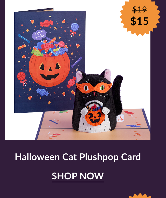 Halloween Cat Plushpop Card showing a plush black cat wearing an orange mask and holding a pumpkin candy bucket in front of a card with a jack-o’-lantern and candy design. Orange sale badge shows “$19 → $15.”