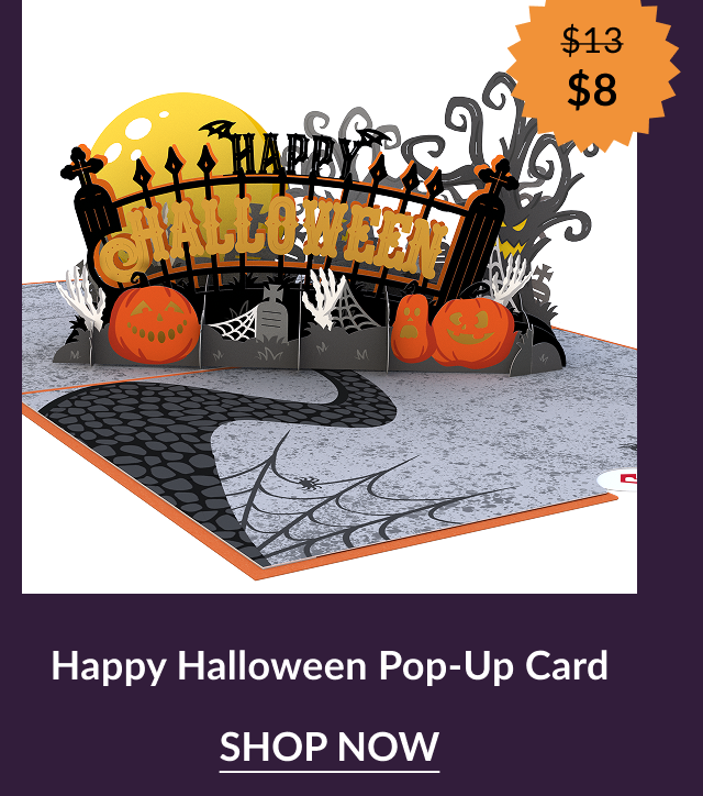 Happy Halloween Pop-Up Card with pumpkins, spiderwebs, and a yellow moon behind a black fence spelling “Happy Halloween.” Orange sale badge shows “$13 → $8.” 