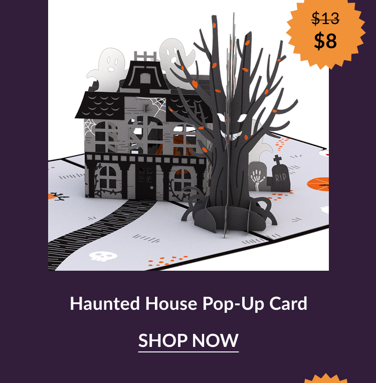 Haunted House Pop-Up Card with ghosts, a spooky black tree, gravestones, and a haunted house. Orange sale badge shows “$13 → $8.”