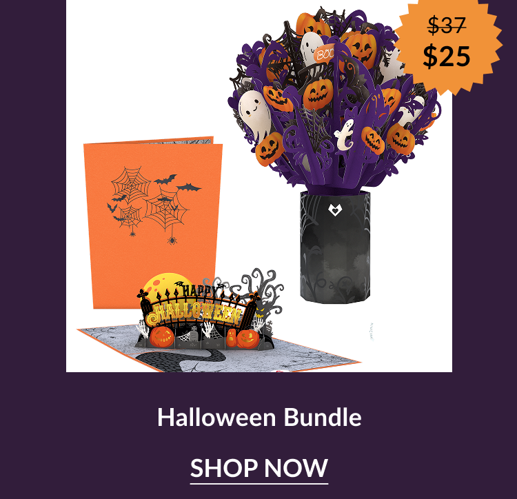 Halloween Bundle featuring two designs: a black and purple bouquet with ghosts, pumpkins, and “Boo!” accents, and an orange pop-up card with a “Happy Halloween” graveyard scene. Orange sale badge shows “$37 → $25.”
