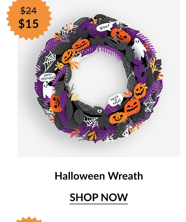 Halloween Wreath decorated with orange pumpkins, ghosts, spiderwebs, and purple and black leaves. Orange sale badge shows “$24 → $15.”