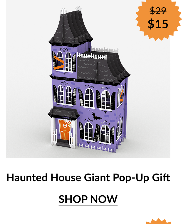 Haunted House Giant Pop-Up Gift featuring a tall purple haunted house with black roof and orange windows. Orange sale badge shows “$29 → $15.”