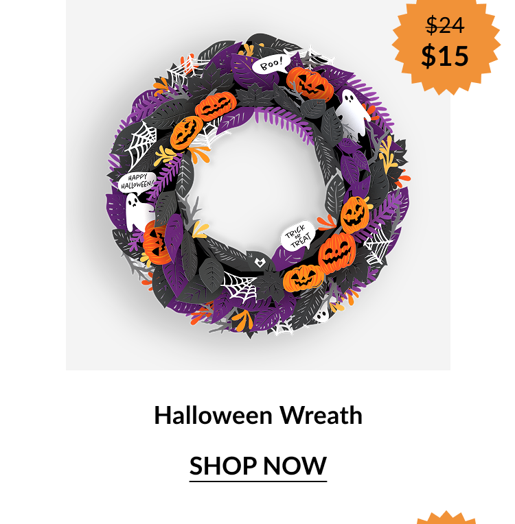 Halloween Wreath decorated with orange pumpkins, ghosts, spiderwebs, and purple and black leaves. Orange sale badge shows “$24 → $15.”