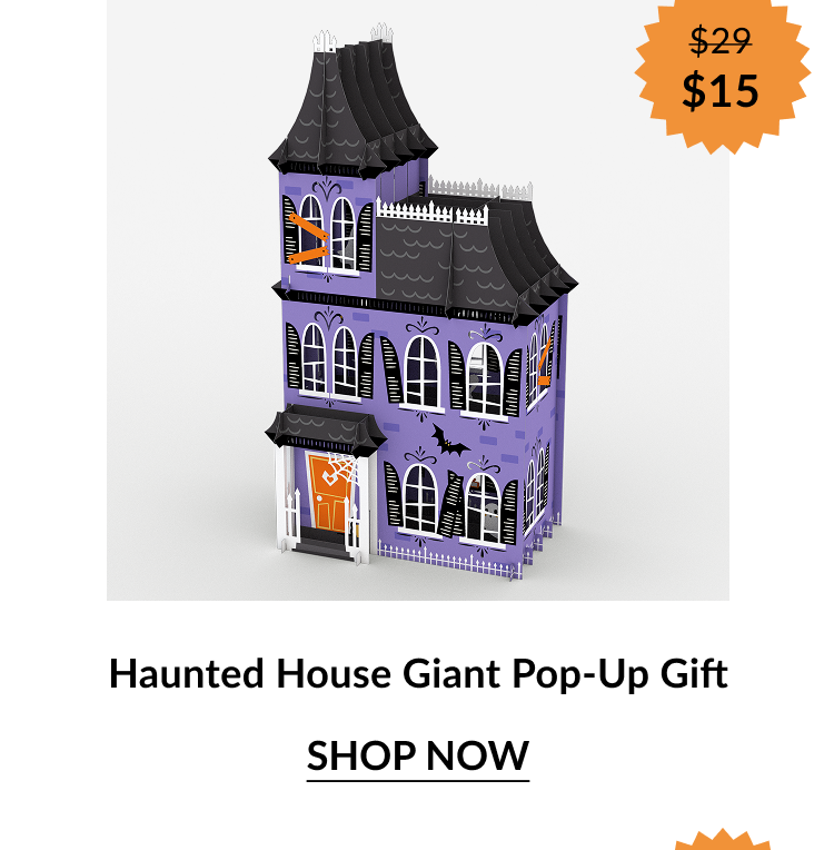 Haunted House Giant Pop-Up Gift featuring a tall purple haunted house with black roof and orange windows. Orange sale badge shows “$29 → $15.”