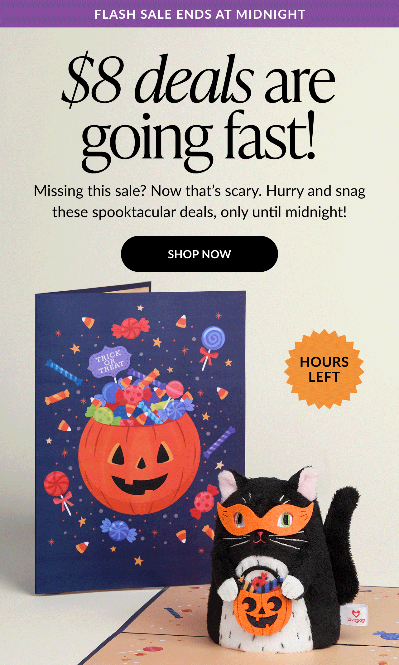 $8 deals ending soon featuring black cat plushpop card and jack o lantern candy card shop now before midnight