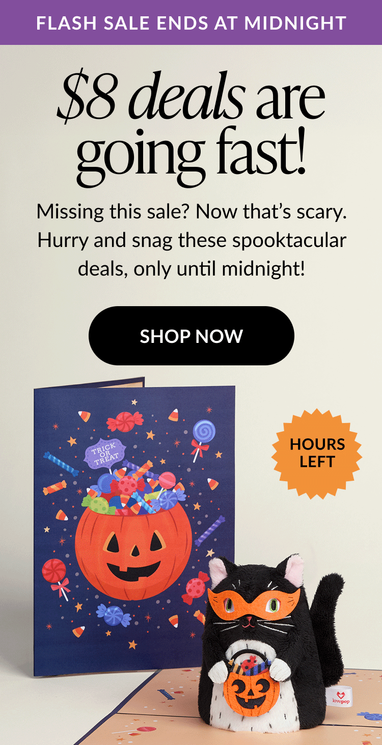 $8 deals ending soon featuring black cat plushpop card and jack o lantern candy card shop now before midnight