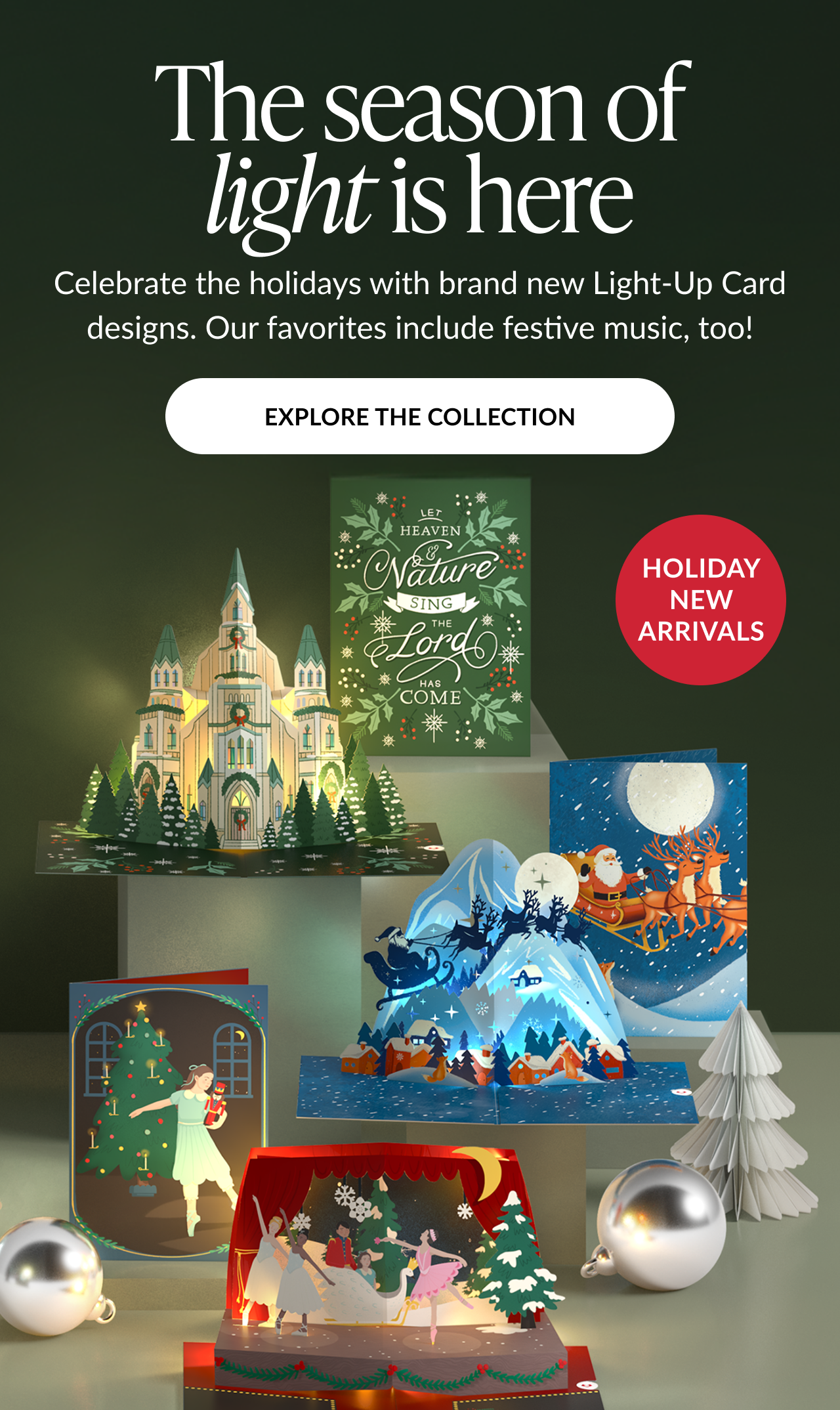 Holiday card collection with glowing church ballerinas sleigh ride and nativity scene