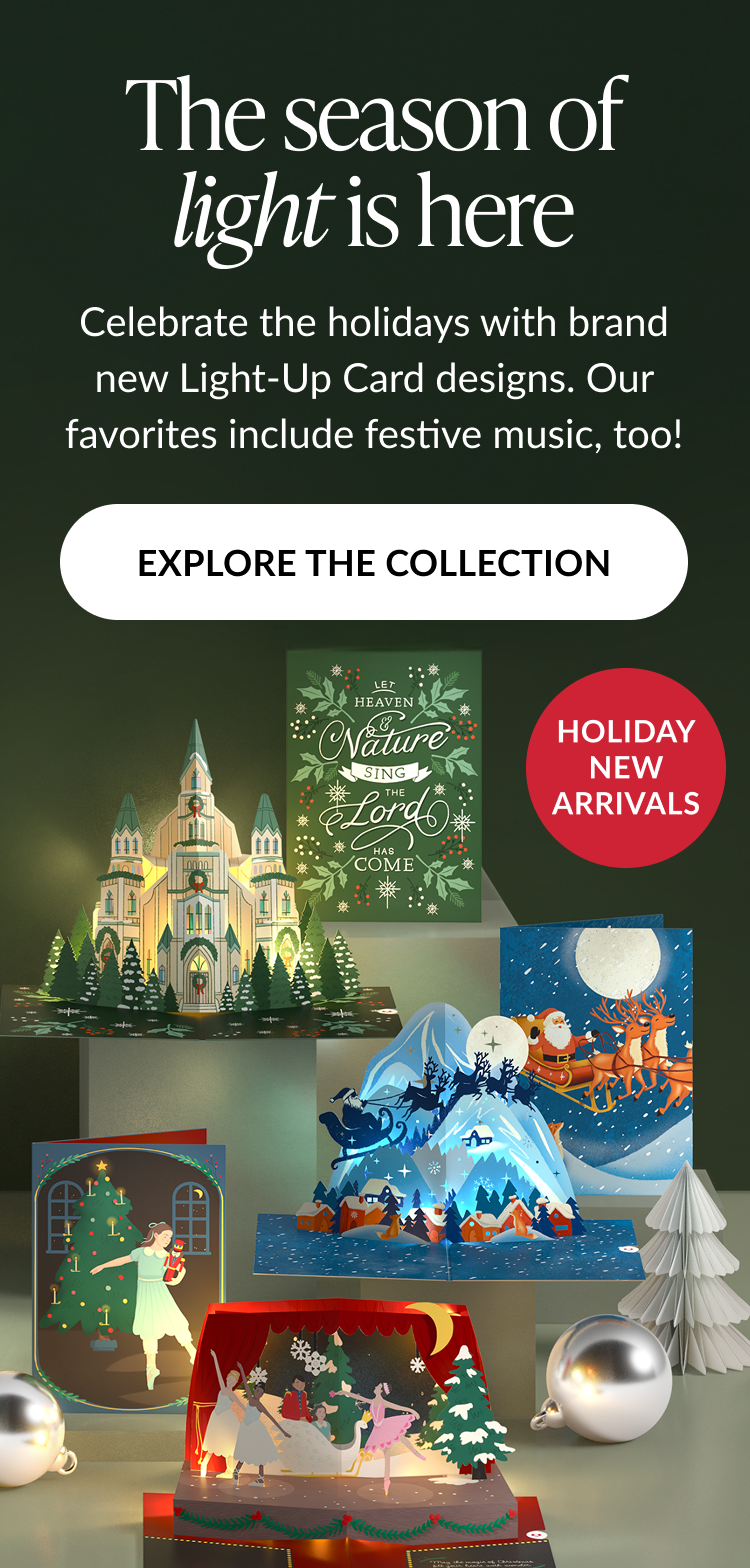 Holiday card collection with glowing church ballerinas sleigh ride and nativity scene