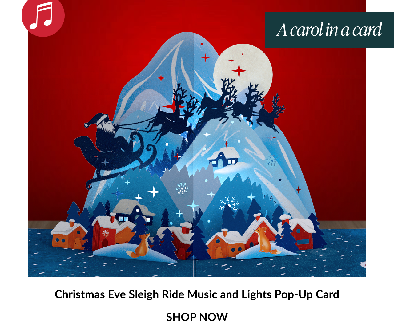Santa sleigh ride card over snowy mountain village