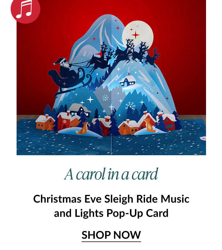 Santa sleigh ride card over snowy mountain village