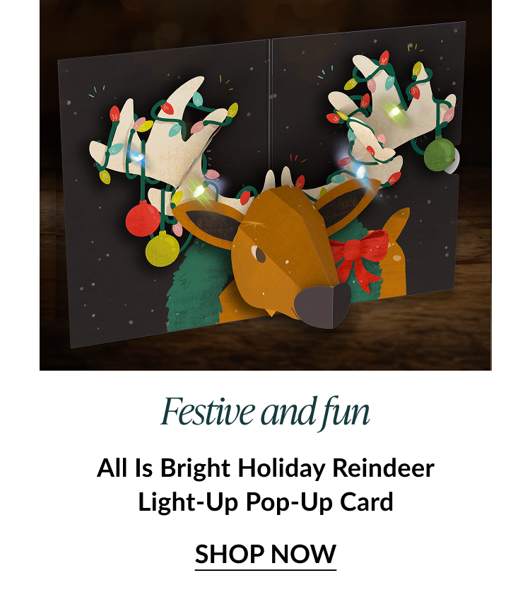 Reindeer card with glowing ornaments and lights on antlers