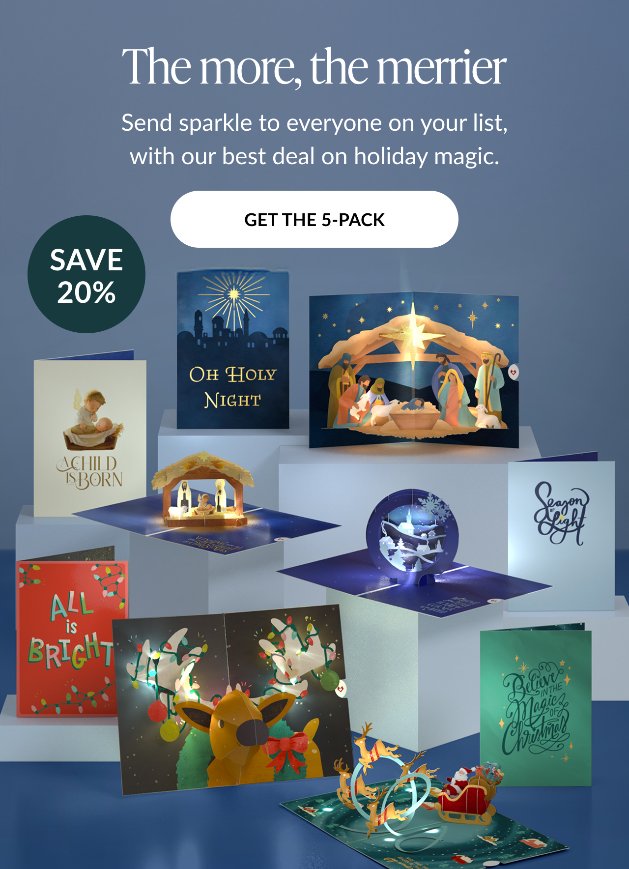 Holiday card 5 pack with nativity and light up reindeer designs