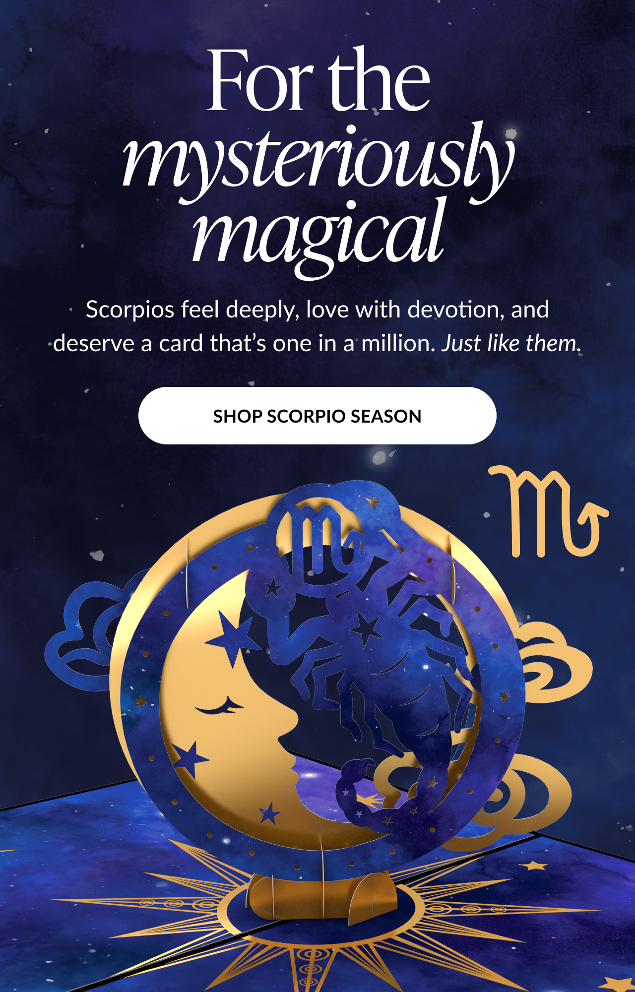 Gold and blue scorpio moon card with stars and clouds