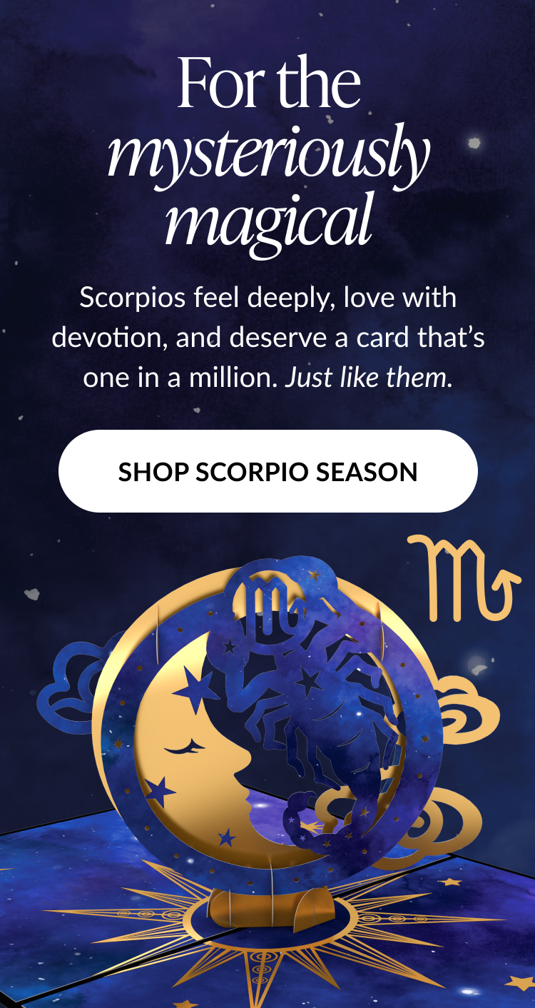 Gold and blue scorpio moon card with stars and clouds