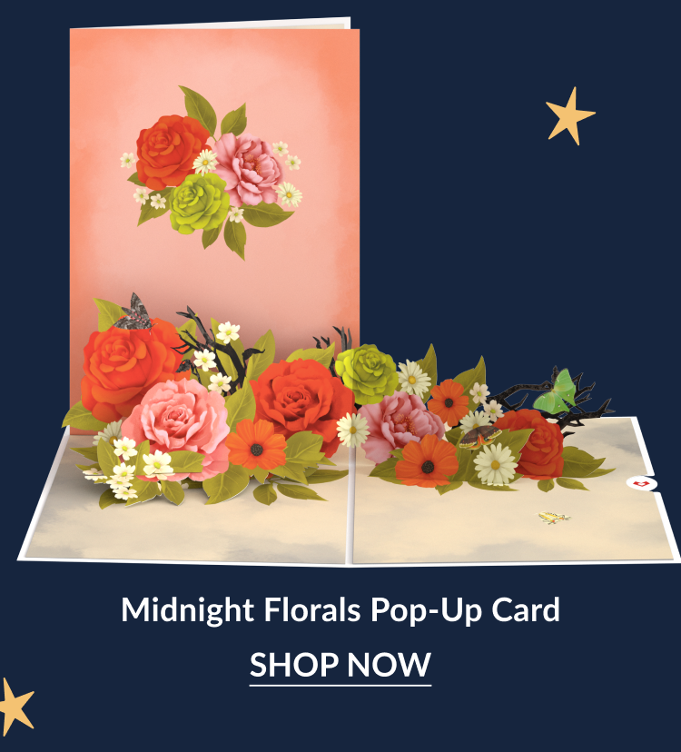 Midnight florals pop up card with orange and pink flowers