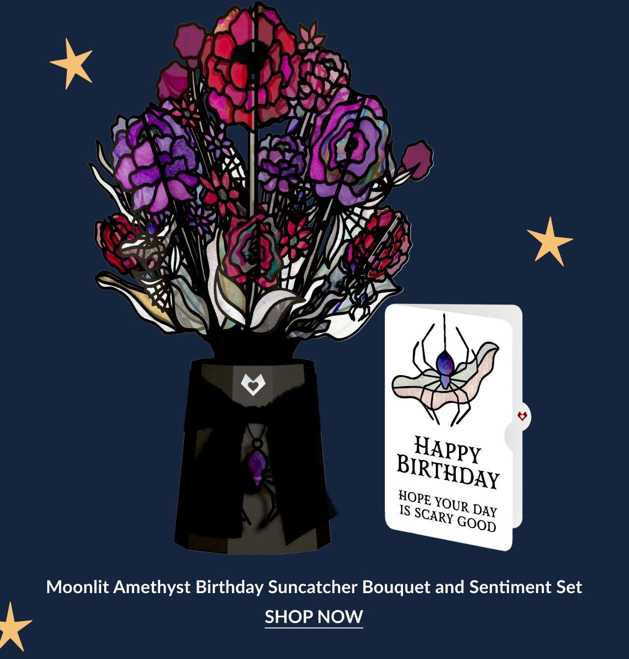 Amethyst birthday bouquet with spider sentiment card