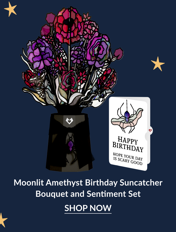 Amethyst birthday bouquet with spider sentiment card