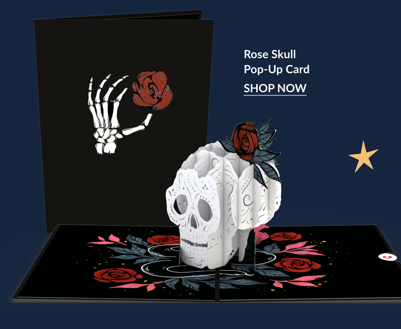 Rose skull pop up card with skeleton hand and red rose