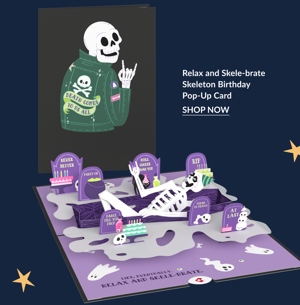 Skeleton birthday card with coffin cake and tombstone jokes