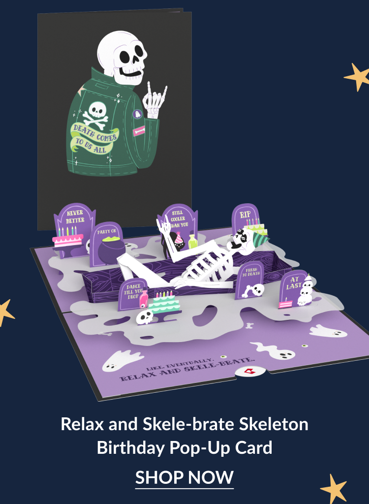 Skeleton birthday card with coffin cake and tombstone jokes