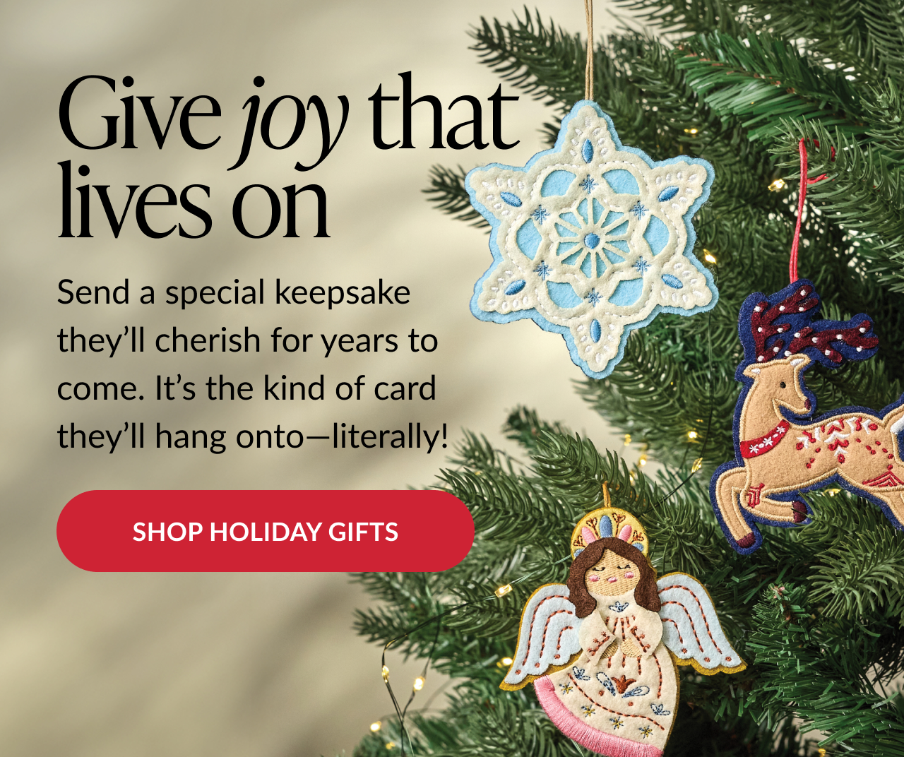 Give joy message with embroidered ornaments on Christmas tree