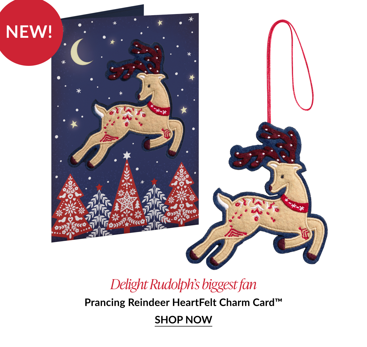 Prancing reindeer card with matching ornament