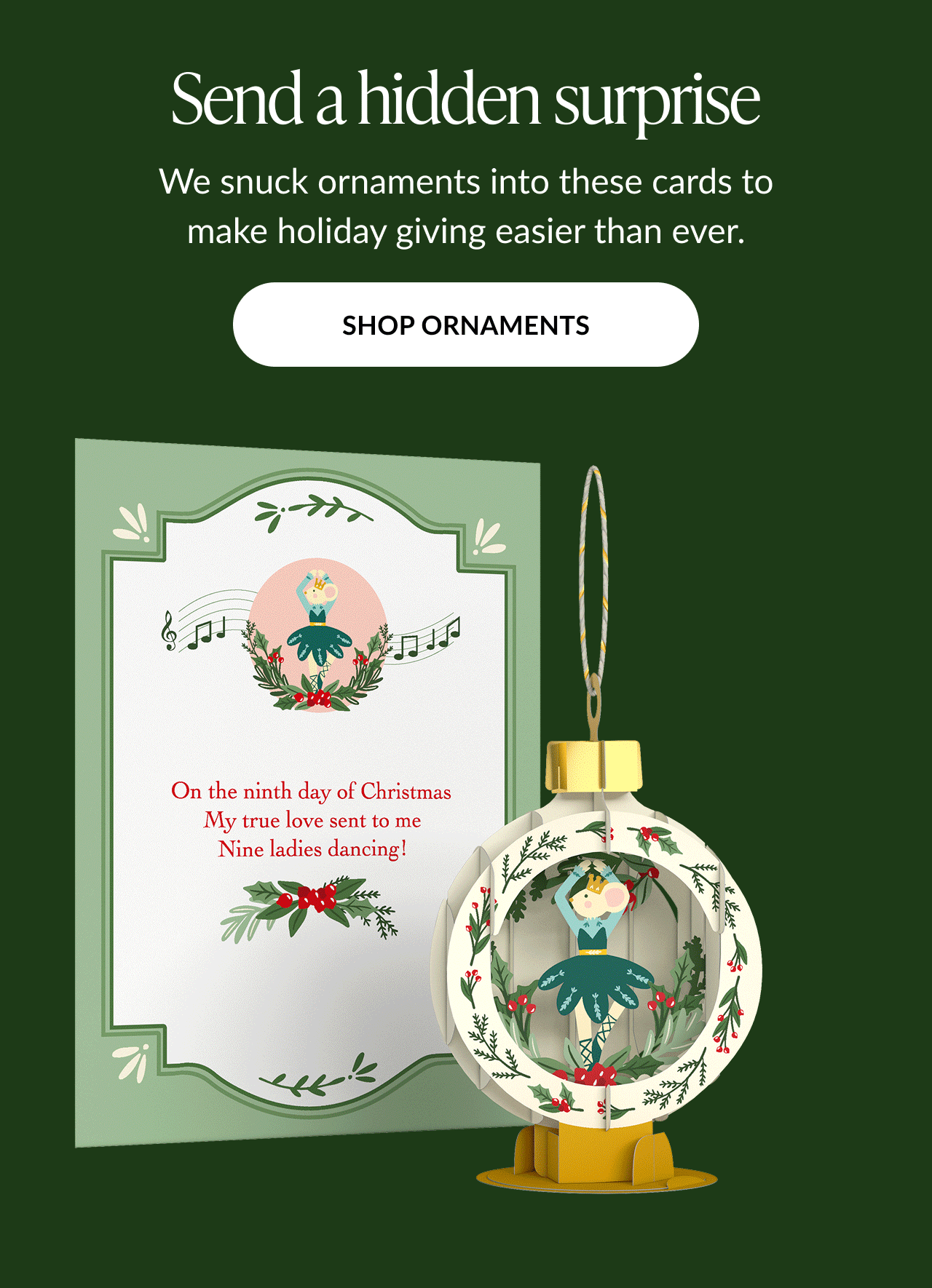 Nine ladies dancing ornament with matching card