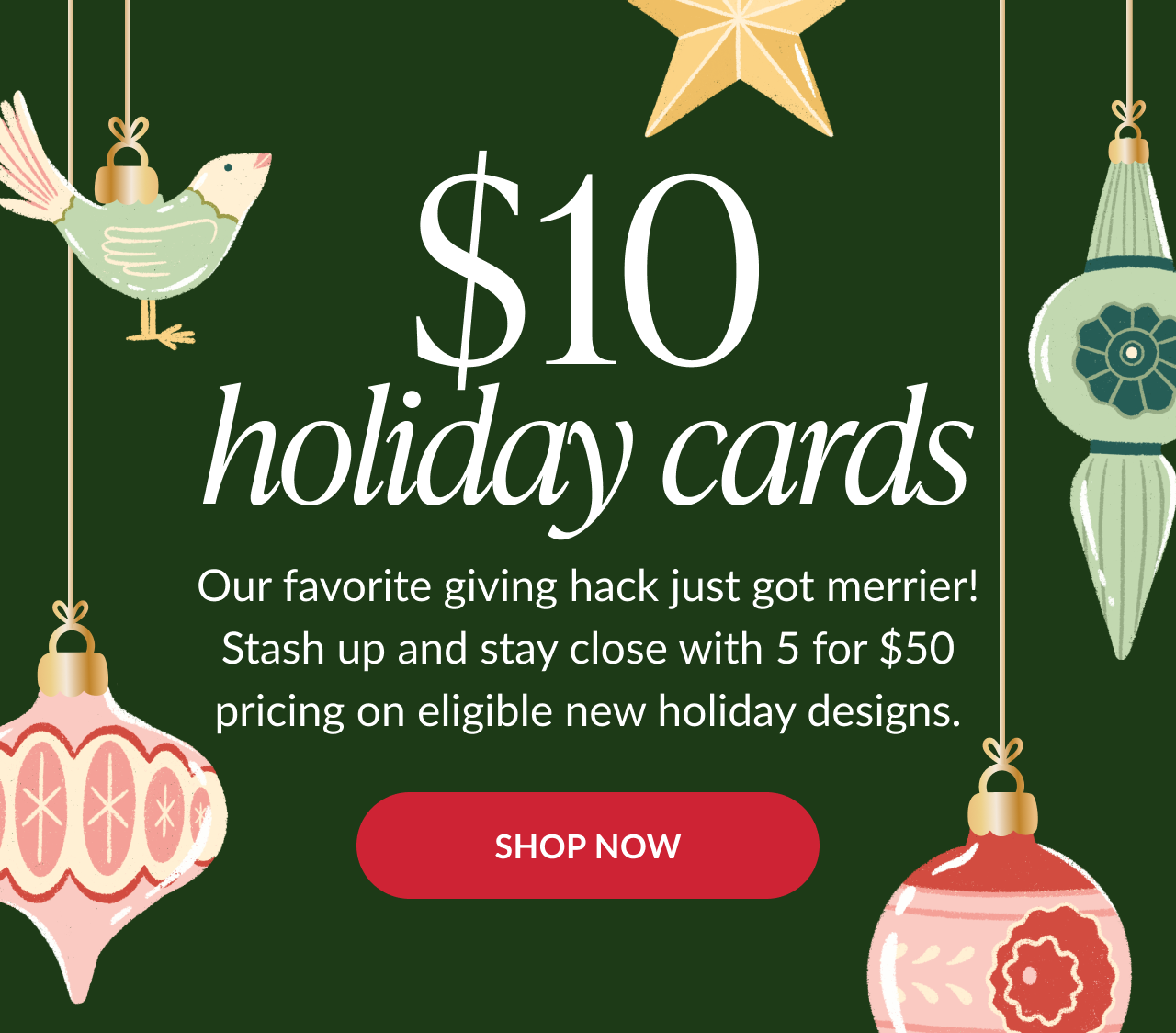 holiday cards 10 dollars each with 5 for 50 offer