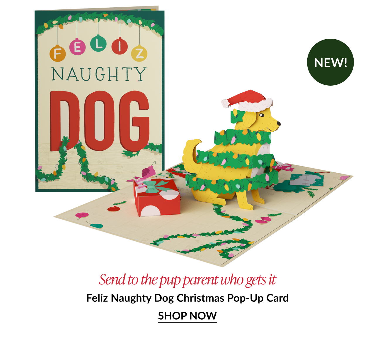 feliz naughty dog christmas pop up card