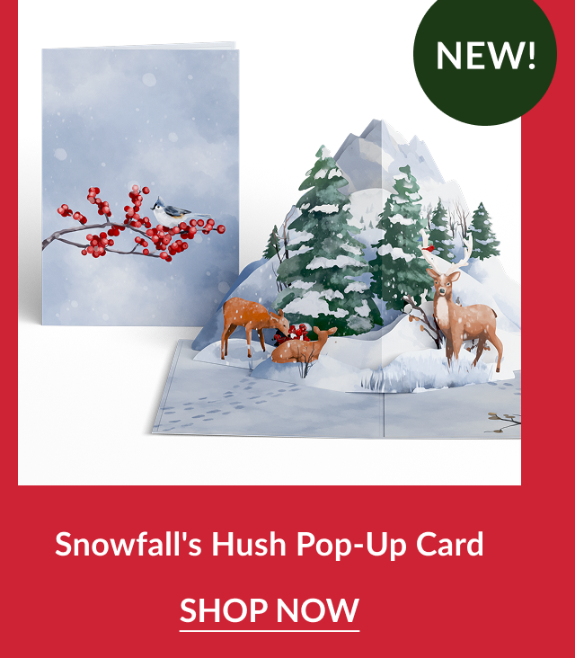 snowfall hush pop up card with deer and pine trees
