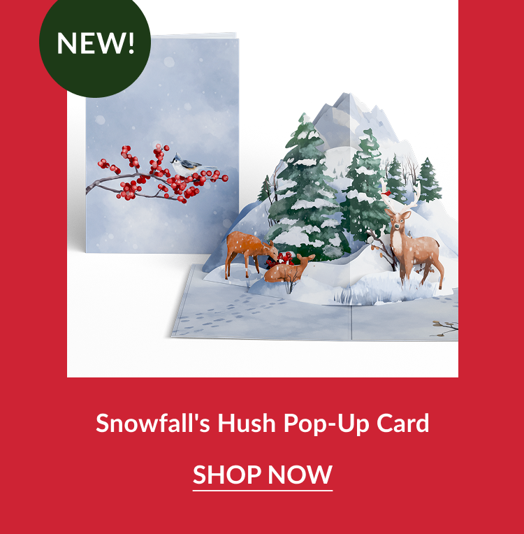 snowfall hush pop up card with deer and pine trees