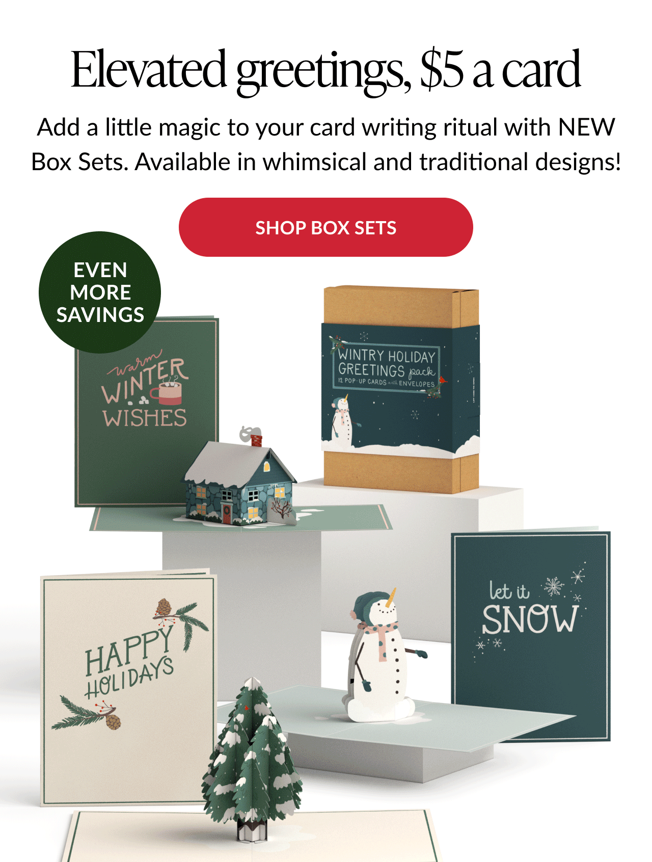 holiday card box set with winter scenes and snowman
